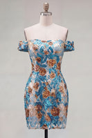 Load image into Gallery viewer, Blue Floral Sequin Off the Shoulder Tight Short Cocktail Dress