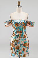 Load image into Gallery viewer, Blue Floral Sequin Off the Shoulder Tight Short Cocktail Dress