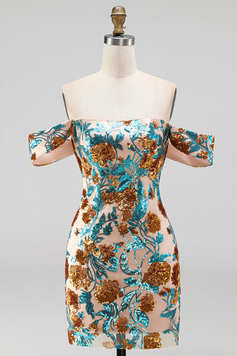 Load image into Gallery viewer, Blue Floral Sequin Off the Shoulder Tight Short Cocktail Dress