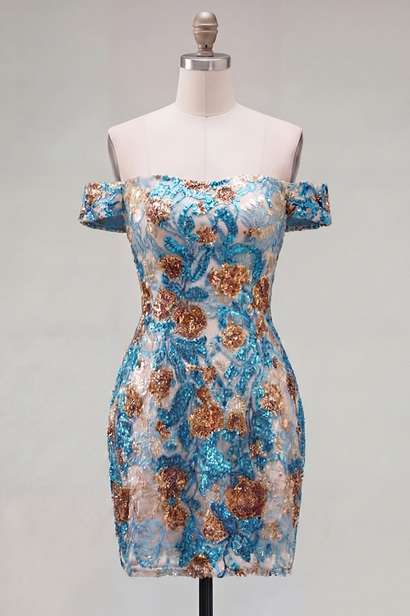 Load image into Gallery viewer, Blue Floral Sequin Off the Shoulder Tight Short Cocktail Dress