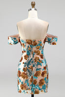 Load image into Gallery viewer, Blue Floral Sequin Off the Shoulder Tight Short Cocktail Dress