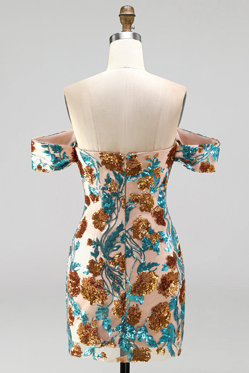 Load image into Gallery viewer, Blue Floral Sequin Off the Shoulder Tight Short Cocktail Dress