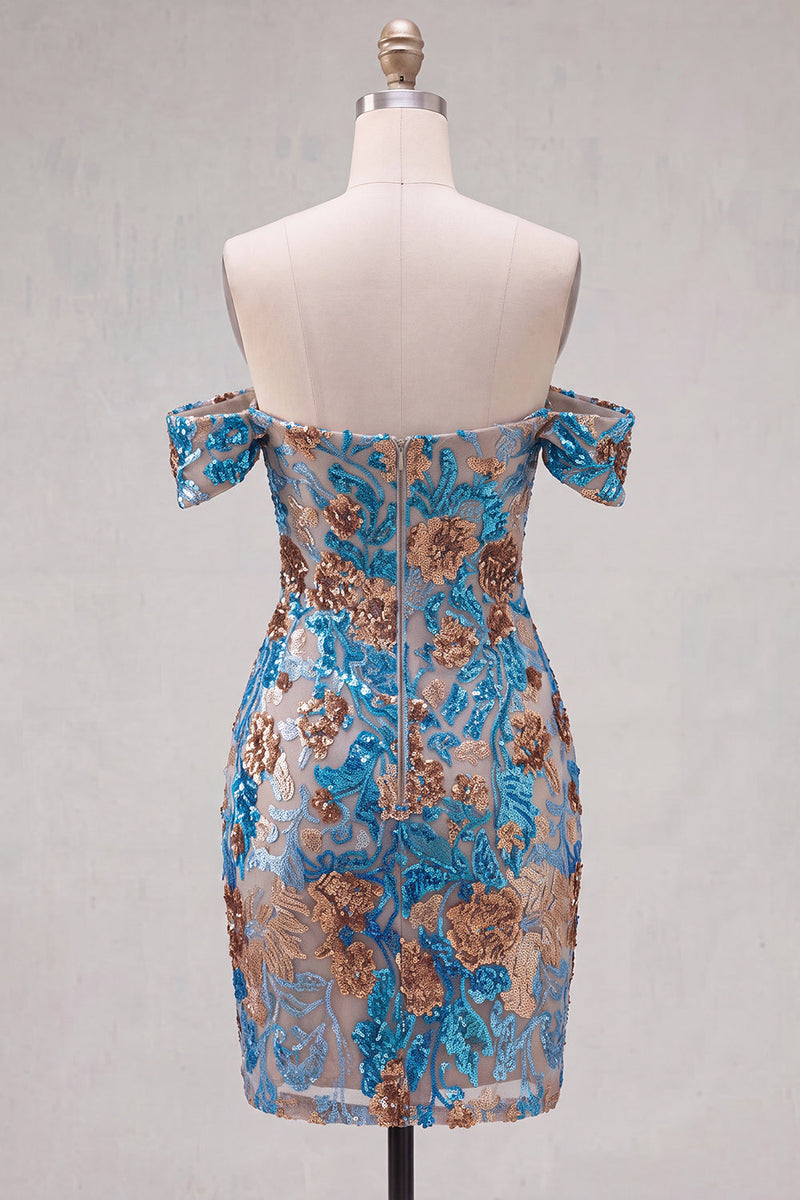Load image into Gallery viewer, Blue Floral Sequin Off the Shoulder Tight Short Cocktail Dress