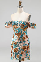 Load image into Gallery viewer, Blue Floral Sequin Off the Shoulder Tight Short Cocktail Dress