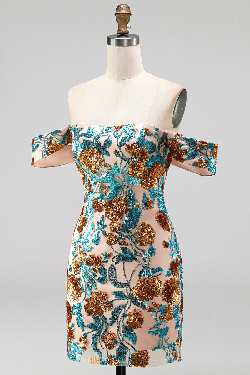 Load image into Gallery viewer, Blue Floral Sequin Off the Shoulder Tight Short Cocktail Dress