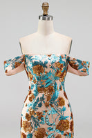 Load image into Gallery viewer, Blue Floral Sequin Off the Shoulder Tight Short Cocktail Dress