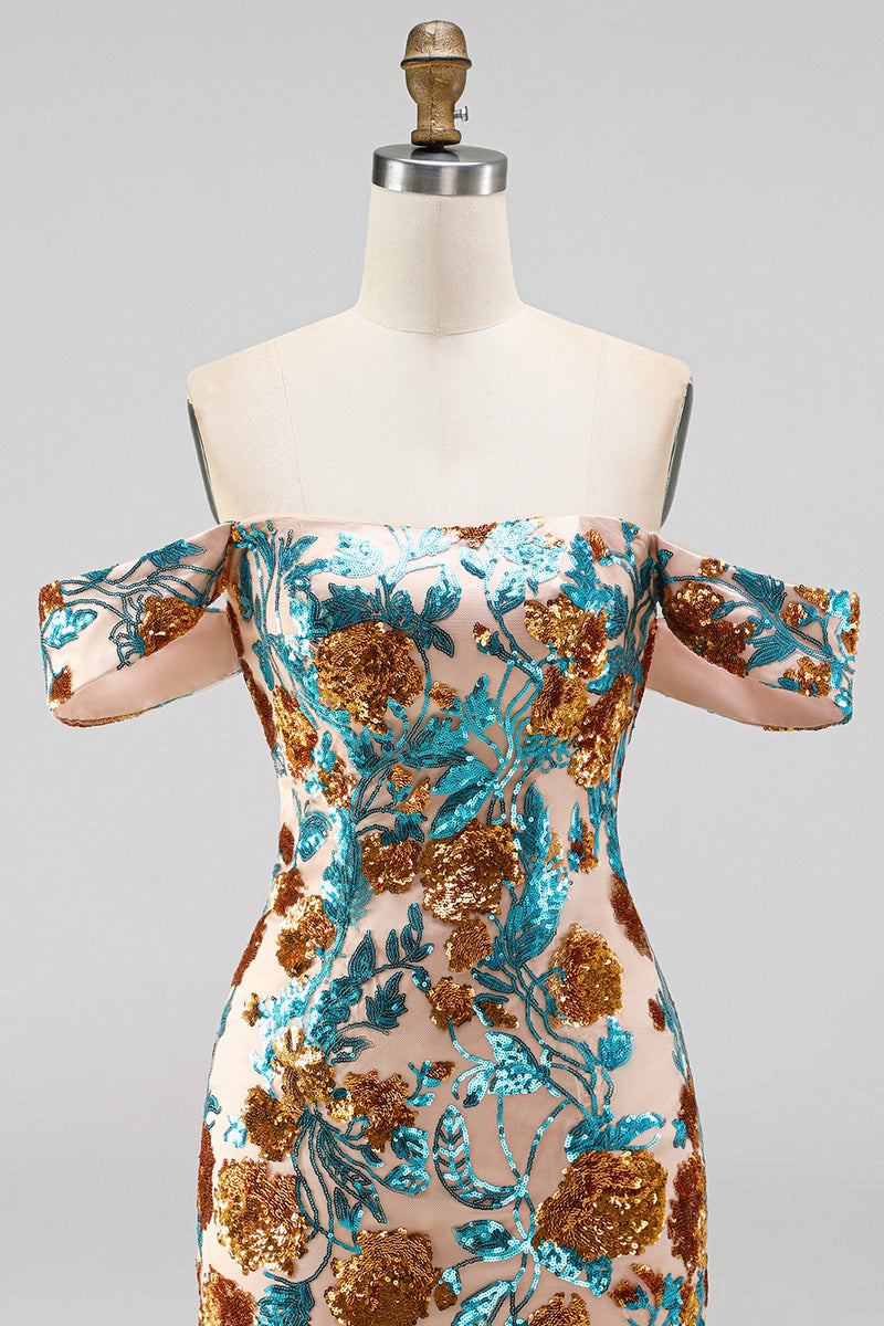 Load image into Gallery viewer, Blue Floral Sequin Off the Shoulder Tight Short Cocktail Dress