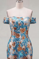 Load image into Gallery viewer, Blue Floral Sequin Off the Shoulder Tight Short Cocktail Dress
