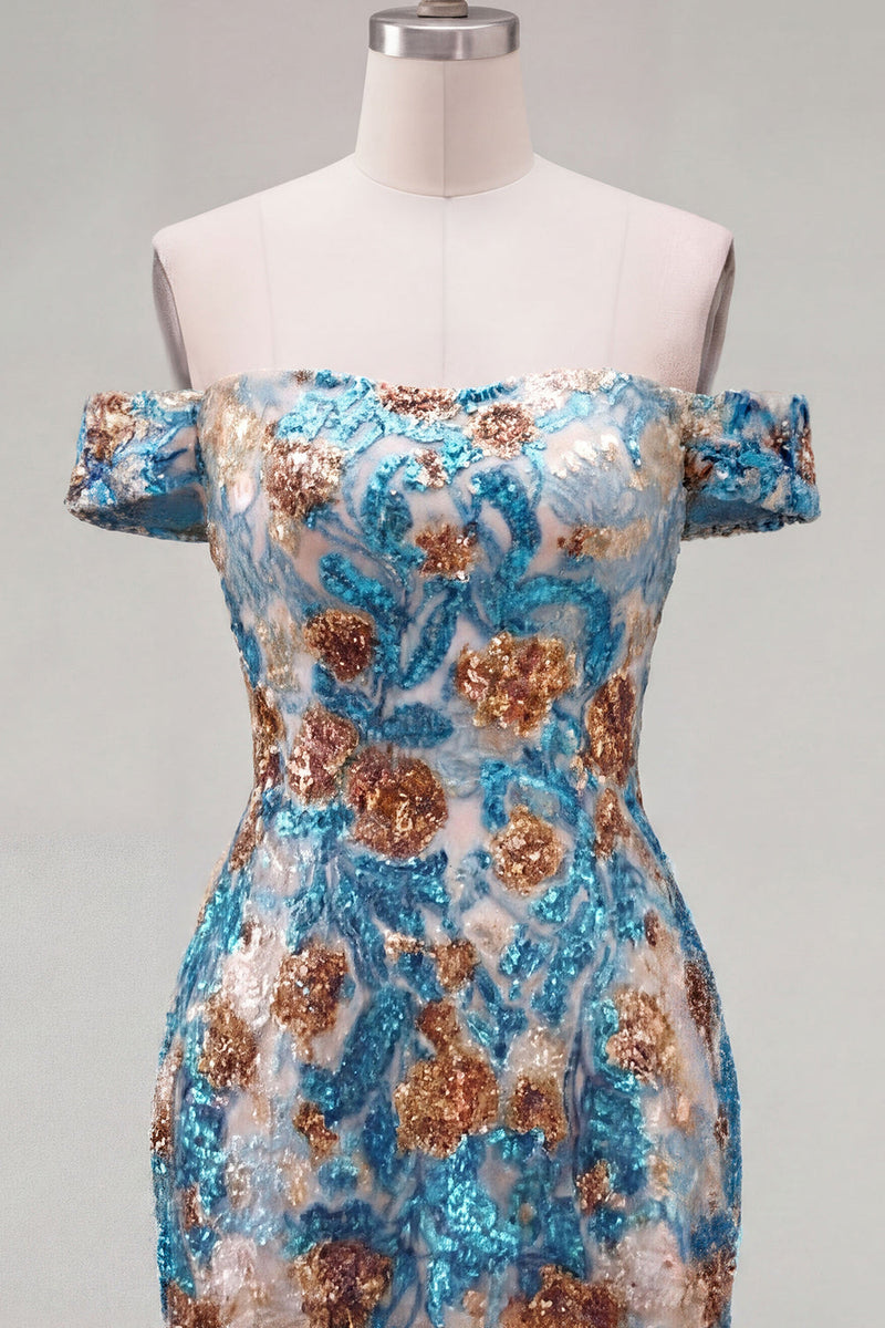 Load image into Gallery viewer, Blue Floral Sequin Off the Shoulder Tight Short Cocktail Dress
