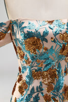 Load image into Gallery viewer, Blue Floral Sequin Off the Shoulder Tight Short Cocktail Dress