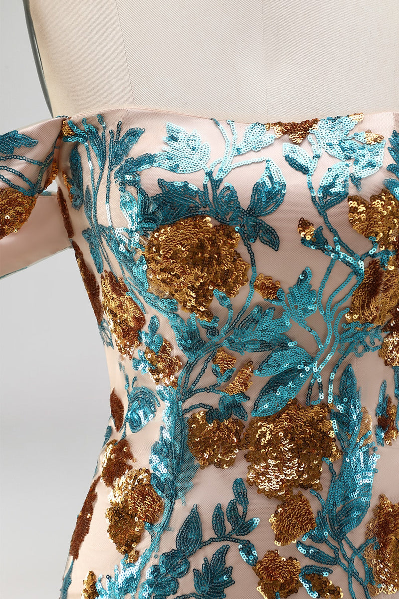 Load image into Gallery viewer, Blue Floral Sequin Off the Shoulder Tight Short Cocktail Dress