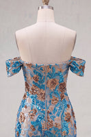 Load image into Gallery viewer, Blue Floral Sequin Off the Shoulder Tight Short Cocktail Dress