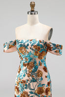 Load image into Gallery viewer, Blue Floral Sequin Off the Shoulder Tight Short Cocktail Dress