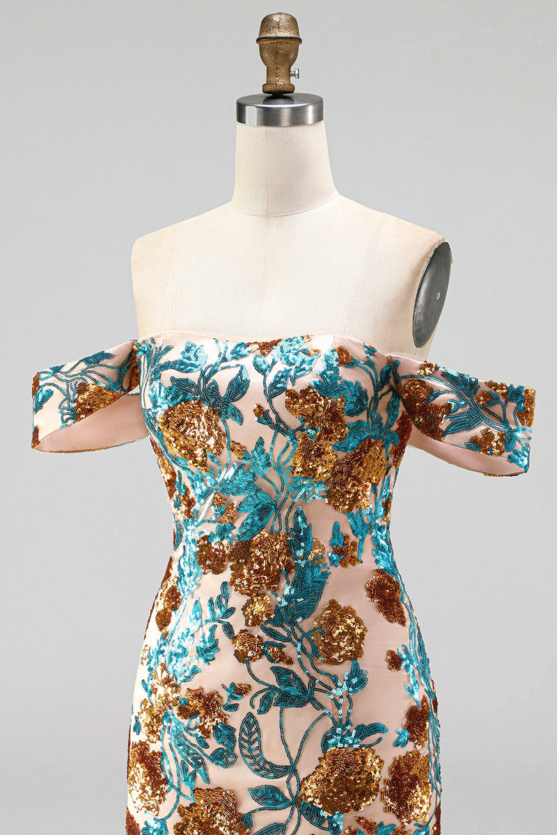 Load image into Gallery viewer, Blue Floral Sequin Off the Shoulder Tight Short Cocktail Dress