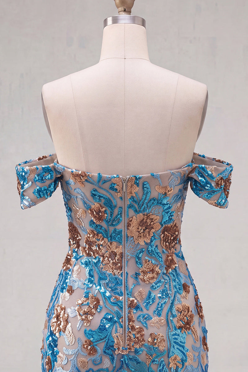 Load image into Gallery viewer, Blue Floral Sequin Off the Shoulder Tight Short Cocktail Dress