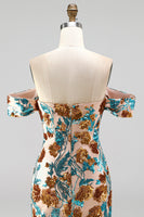 Load image into Gallery viewer, Blue Floral Sequin Off the Shoulder Tight Short Cocktail Dress