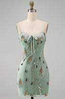 Load image into Gallery viewer, Sage Green Beaded Tight Short Cocktail Dress with Bow