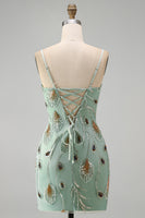 Load image into Gallery viewer, Sage Green Beaded Tight Short Cocktail Dress with Bow