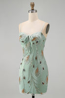 Load image into Gallery viewer, Sage Green Beaded Tight Short Cocktail Dress with Bow