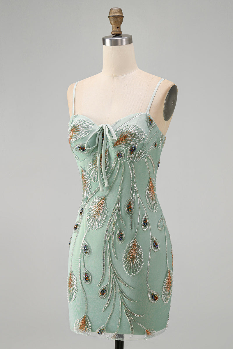 Load image into Gallery viewer, Sage Green Beaded Tight Short Cocktail Dress with Bow