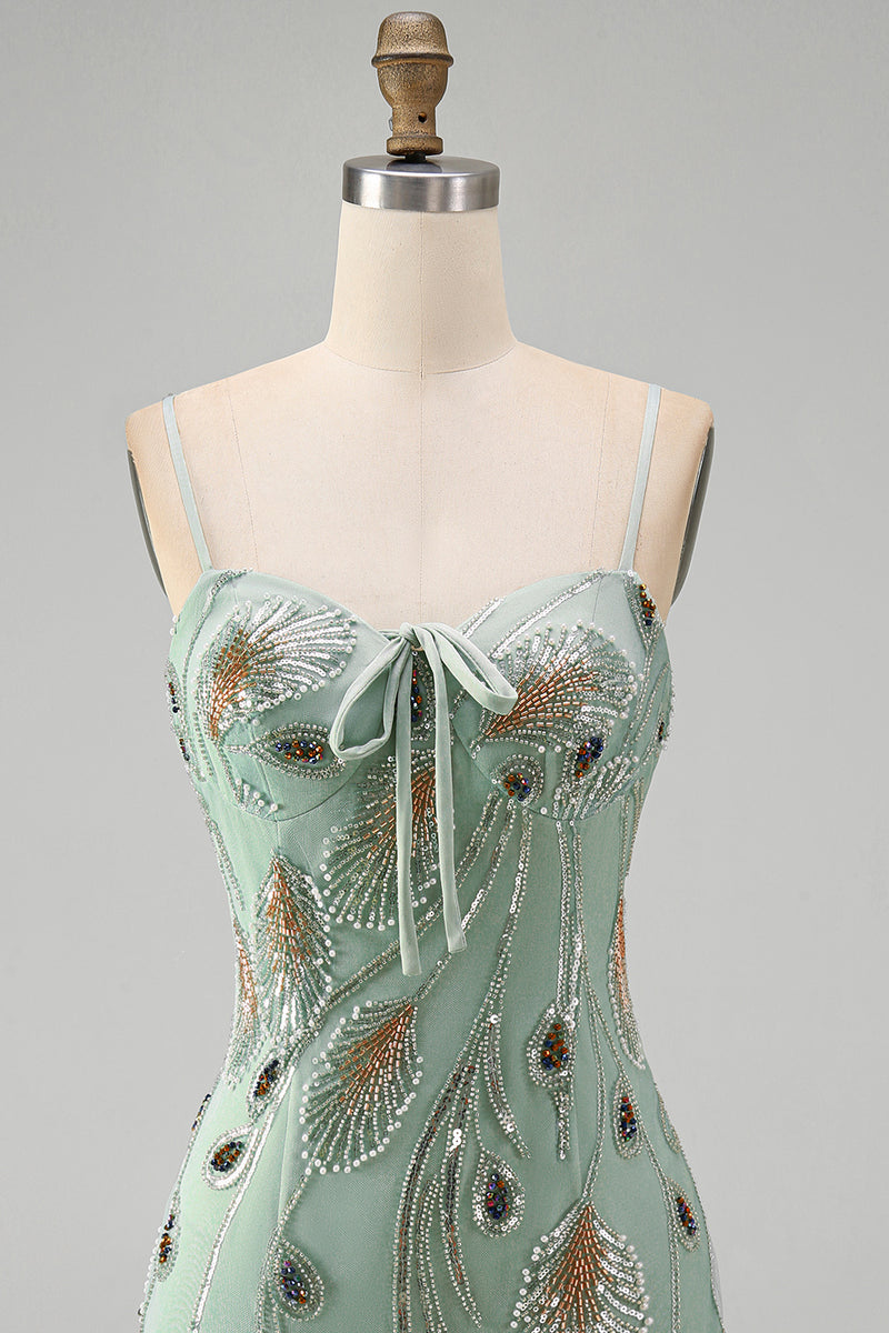 Load image into Gallery viewer, Sage Green Beaded Tight Short Cocktail Dress with Bow