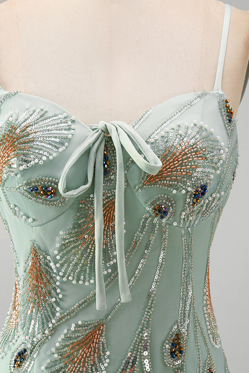 Load image into Gallery viewer, Sage Green Beaded Tight Short Cocktail Dress with Bow