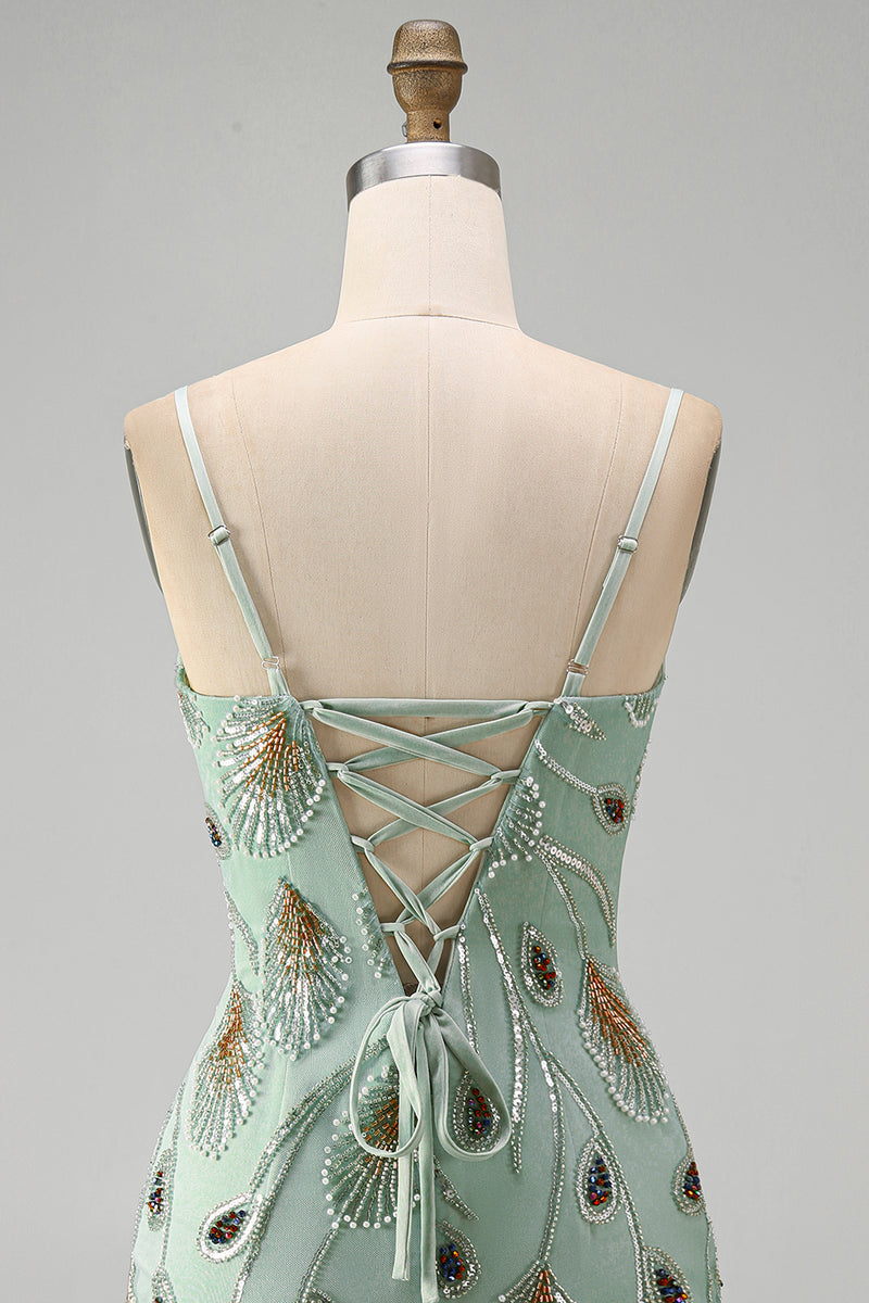 Load image into Gallery viewer, Sage Green Beaded Tight Short Cocktail Dress with Bow
