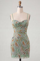 Load image into Gallery viewer, Sage Green Beaded Tight Short Cocktail Dress with Bow