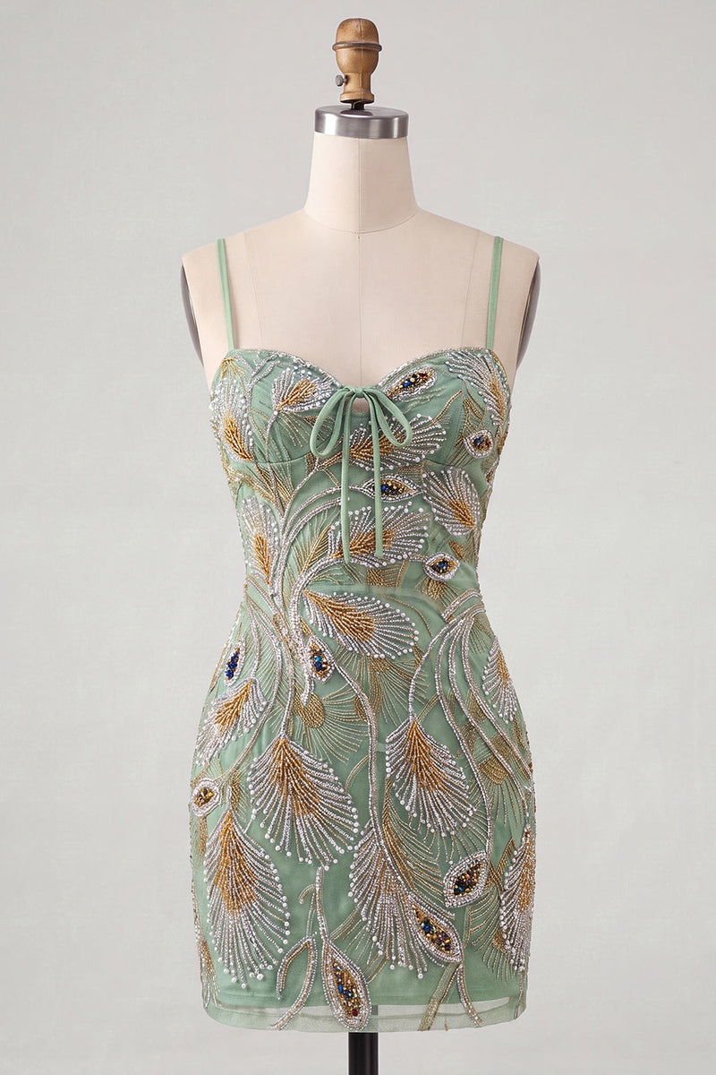 Load image into Gallery viewer, Sage Green Beaded Tight Short Cocktail Dress with Bow