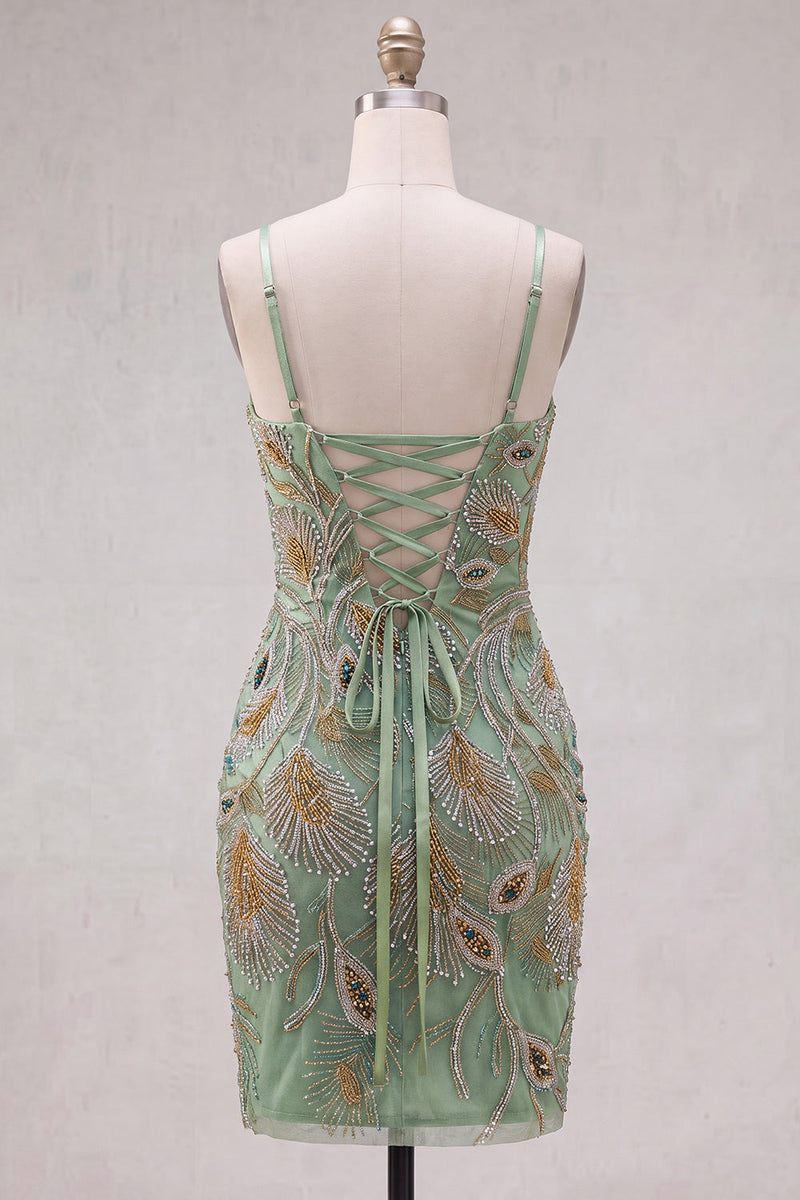Load image into Gallery viewer, Sage Green Beaded Tight Short Cocktail Dress with Bow