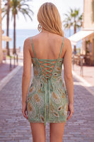 Load image into Gallery viewer, Sage Green Beaded Tight Short Cocktail Dress with Bow