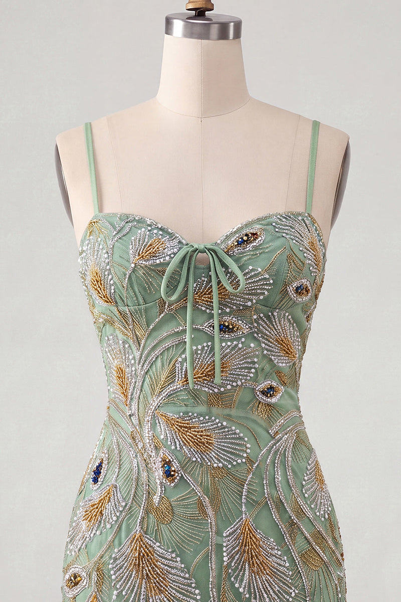 Load image into Gallery viewer, Sage Green Beaded Tight Short Cocktail Dress with Bow