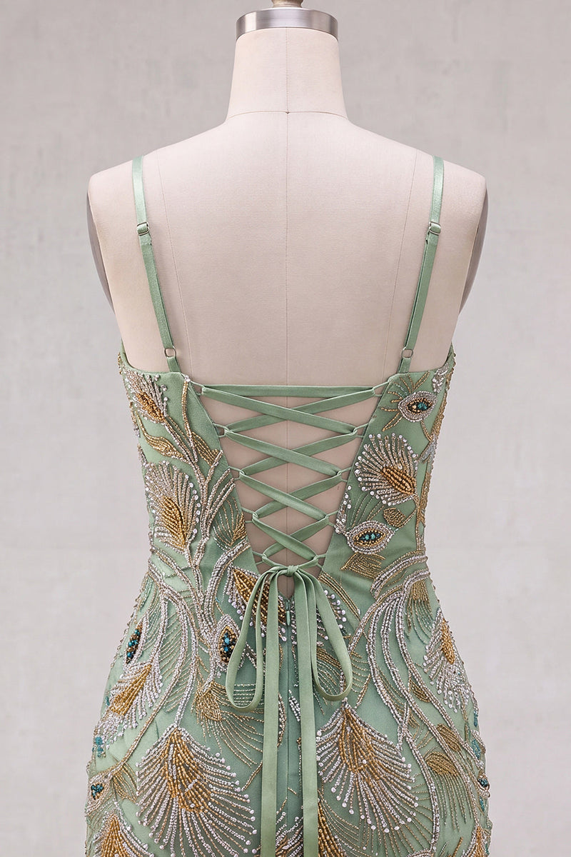 Load image into Gallery viewer, Sage Green Beaded Tight Short Cocktail Dress with Bow