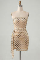 Load image into Gallery viewer, Sparkly Champagne Black Dots Strapless Sequin Tight Short Cocktail Dress with Sash