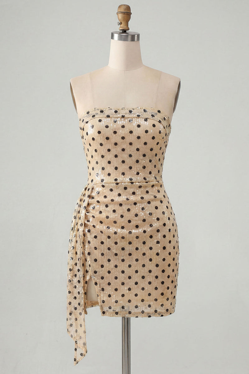 Load image into Gallery viewer, Sparkly Champagne Black Dots Strapless Sequin Tight Short Cocktail Dress with Sash