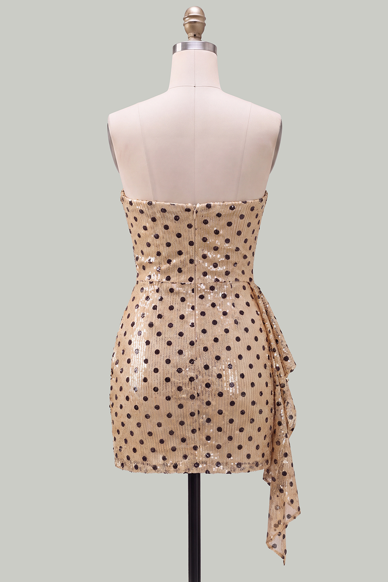 Load image into Gallery viewer, Sparkly Champagne Black Dots Strapless Sequin Tight Short Cocktail Dress with Sash