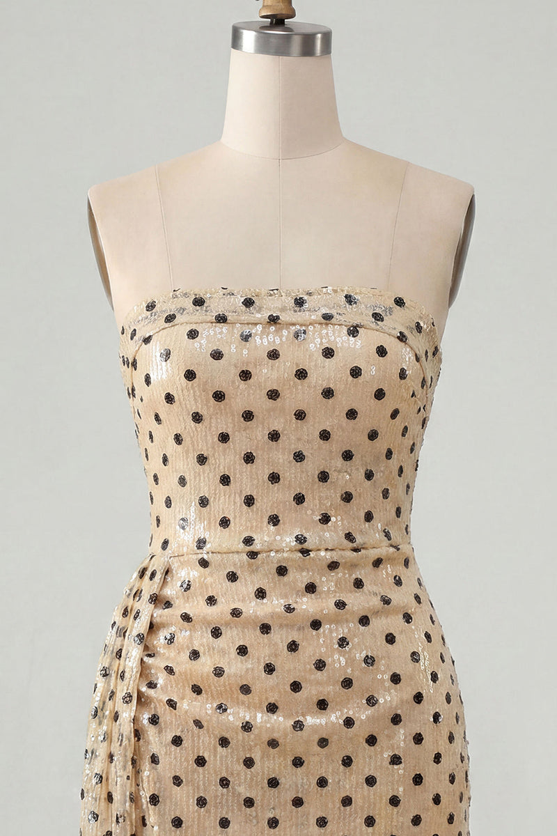 Load image into Gallery viewer, Sparkly Champagne Black Dots Strapless Sequin Tight Short Cocktail Dress with Sash
