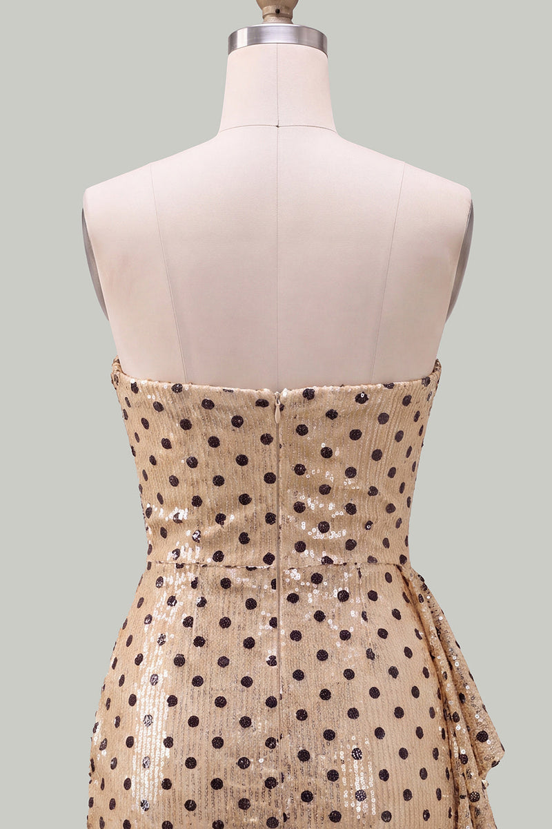 Load image into Gallery viewer, Sparkly Champagne Black Dots Strapless Sequin Tight Short Cocktail Dress with Sash