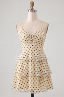 Load image into Gallery viewer, Champagne Black Dots Tiered A Line Short Cocktail Dress with Keyhole