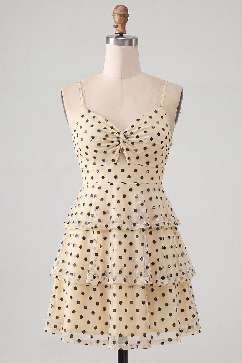 Load image into Gallery viewer, Champagne Black Dots Tiered A Line Short Cocktail Dress with Keyhole
