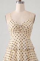 Load image into Gallery viewer, Champagne Black Dots Tiered A Line Short Cocktail Dress with Keyhole