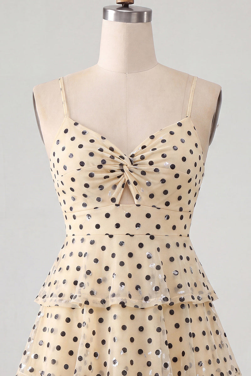 Load image into Gallery viewer, Champagne Black Dots Tiered A Line Short Cocktail Dress with Keyhole