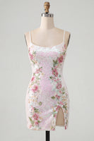 Load image into Gallery viewer, Sparkly White Floral Tight Spaghetti Straps Short Cocktail Dress with Slit