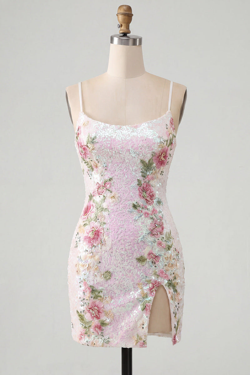 Load image into Gallery viewer, Sparkly White Floral Tight Spaghetti Straps Short Cocktail Dress with Slit