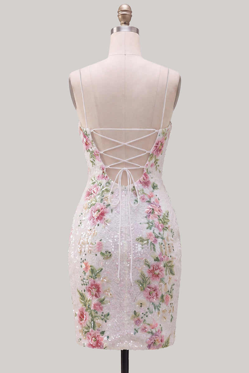 Load image into Gallery viewer, Sparkly White Floral Tight Spaghetti Straps Short Cocktail Dress with Slit