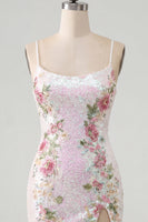 Load image into Gallery viewer, Sparkly White Floral Tight Spaghetti Straps Short Cocktail Dress with Slit