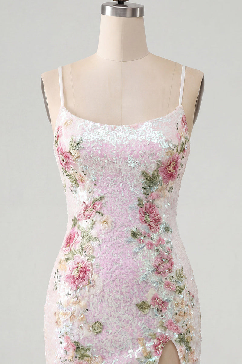 Load image into Gallery viewer, Sparkly White Floral Tight Spaghetti Straps Short Cocktail Dress with Slit