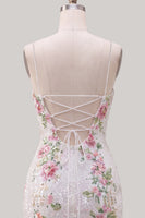 Load image into Gallery viewer, Sparkly White Floral Tight Spaghetti Straps Short Cocktail Dress with Slit