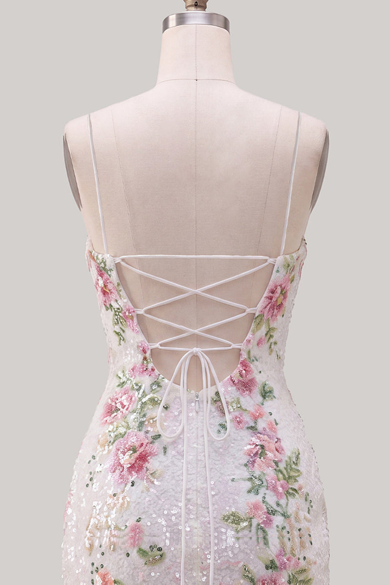 Load image into Gallery viewer, Sparkly White Floral Tight Spaghetti Straps Short Cocktail Dress with Slit