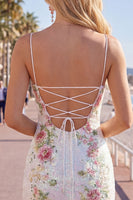 Load image into Gallery viewer, Sparkly White Floral Tight Spaghetti Straps Short Cocktail Dress with Slit